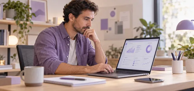 Responsable de una pequeña empresa revisando datos en su ordenador.