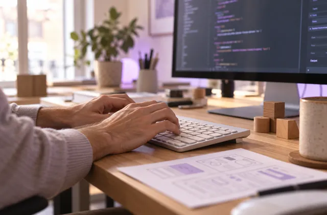 Manos programando frente a un monitor, junto a bloques modulares de madera.