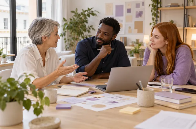 Equipo intercambiando ideas alrededor de una mesa con notas y bocetos.