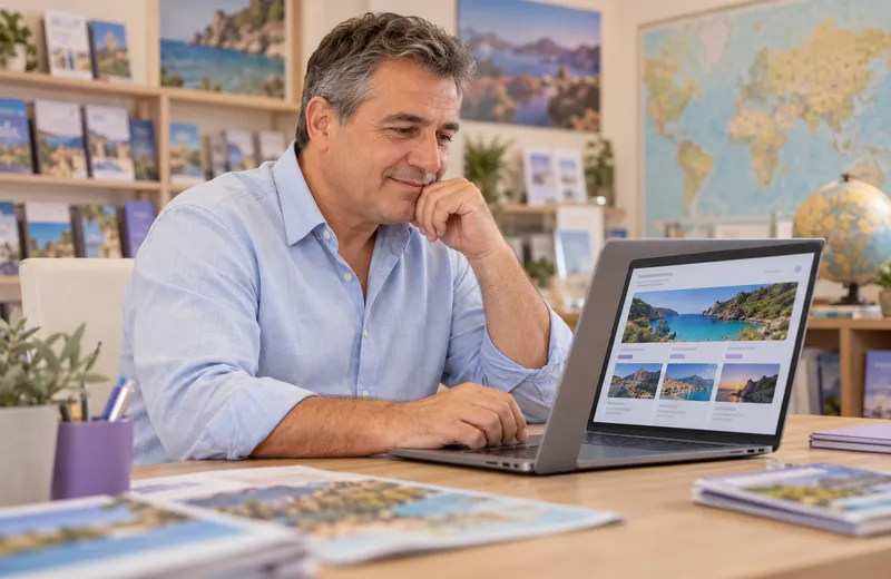 Concepto de plataforma de reservas de viajes en un portátil.