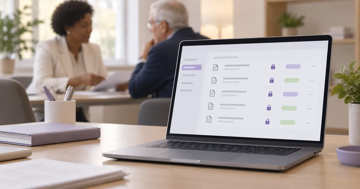Cliente consultando documentos y el estado de su solicitud en un portal privado desde el portátil.