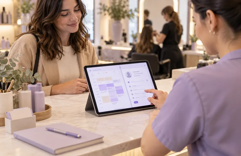 Concepto de agenda de citas con ficha de cliente en una tableta.