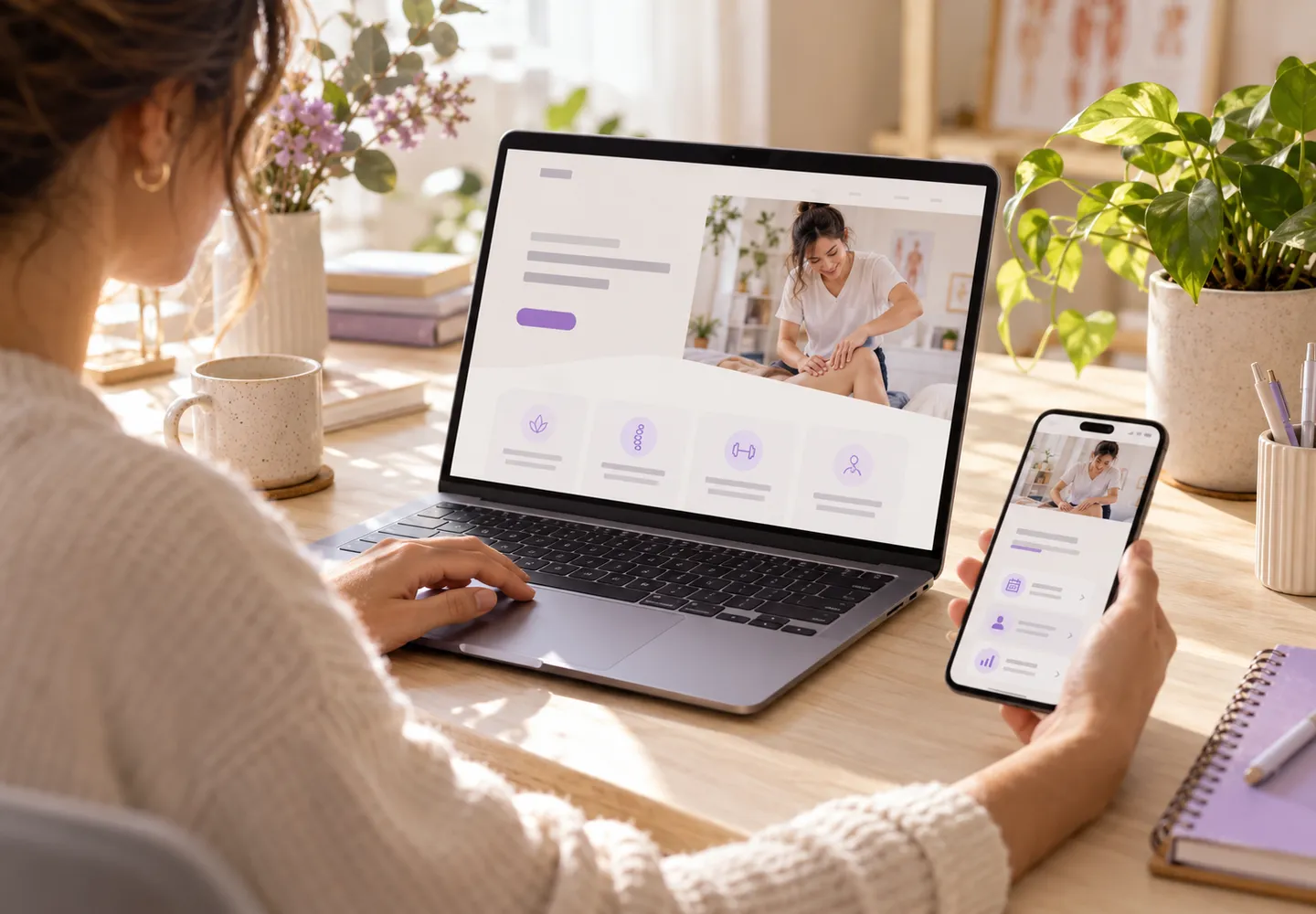 Web profesional de una fisioterapeuta en un portátil y un móvil. Diseño conceptual.